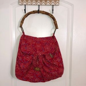 Sand and Sun red white starfish tropical print fabric bad wooden handle